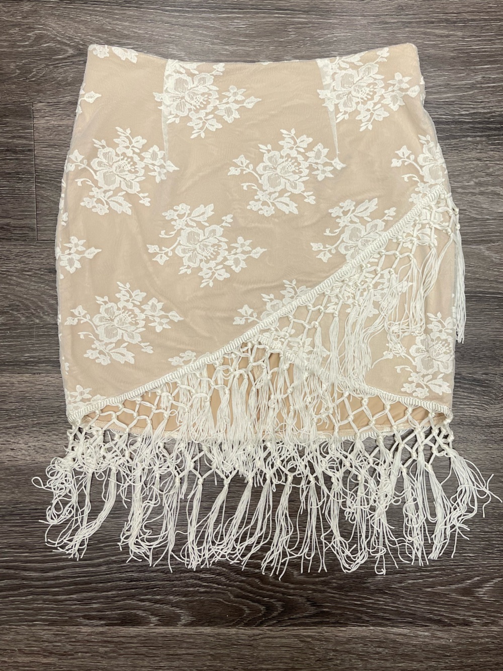 MAJORELLE Filaree Nude Lined Lace Skirt with Ivory Fringe